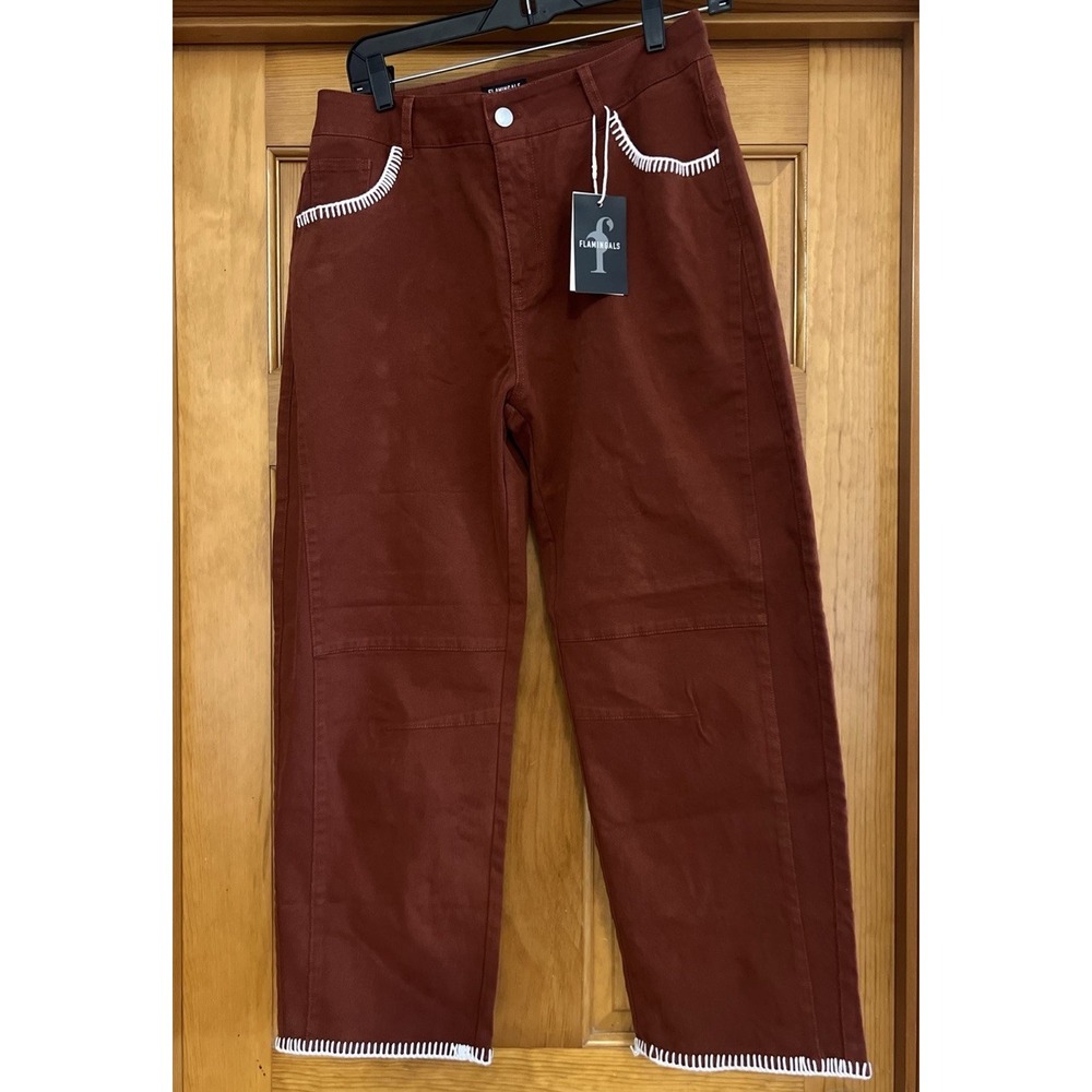 Flamingals Women's Straight Leg Capri Burnt Orange White Embroidry Sz Large